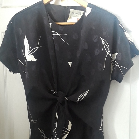 Vintage 80s Hawaiian floral dress tie top black embossed print - Picture 2 of 8
